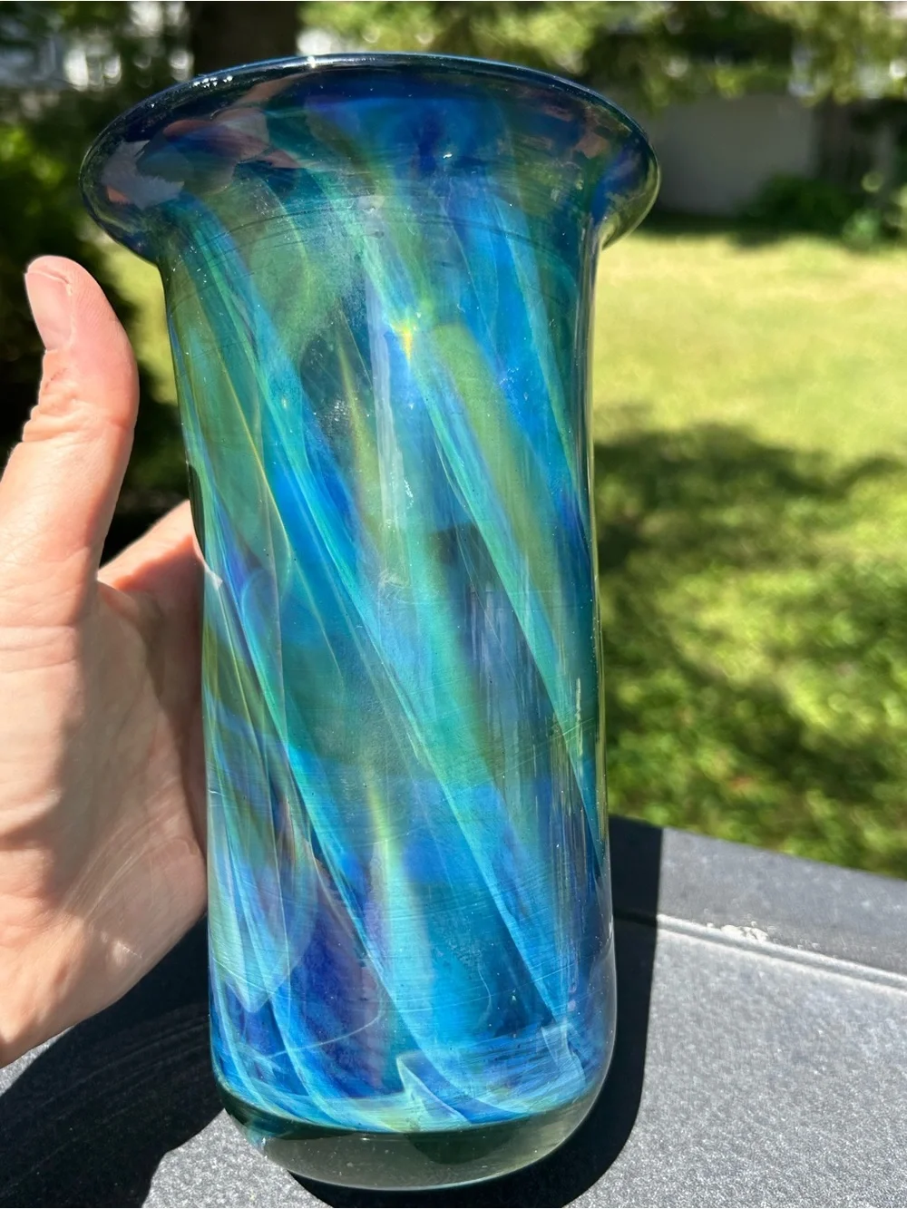 Vintage Vase Handblown Blue-Green Iridescent Art Glass 9 Inch